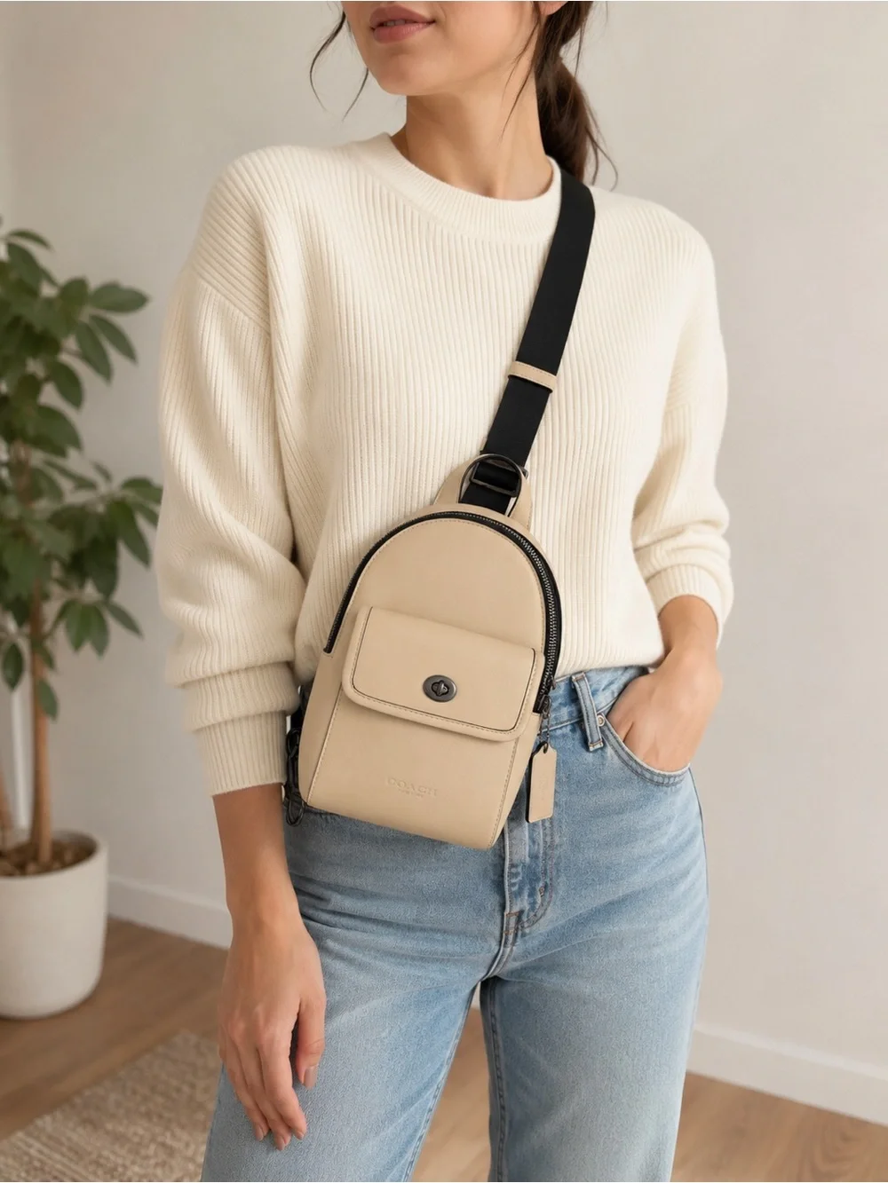 Coach Ivory Leather Small Turnlock Sling Backpack Crossbody Bag CAJ28